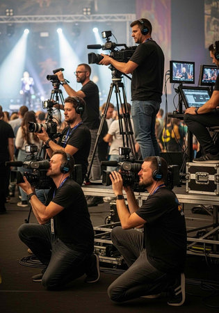 A team of professional videographers filming a live concert event with cameras and equipment