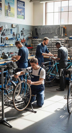 Four men working on bicycles in a well-lit workshop with tools on the wallの写真素材