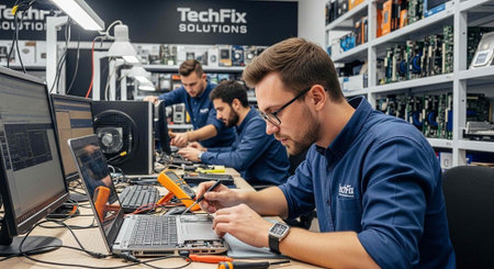 Technicians working on laptops in a modern electronics repair workshop with shelved components