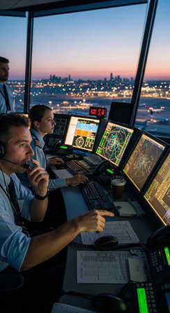 Air traffic controllers working in a modern control tower at dusk