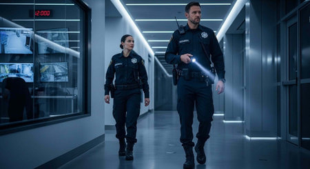Two police officers walking down a dimly lit hallway with a flashlight