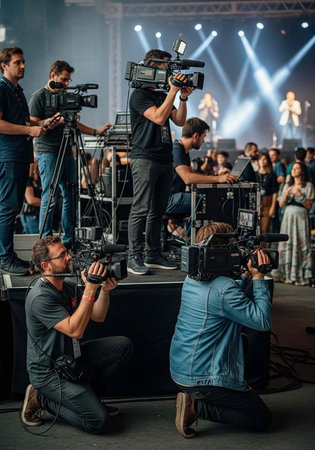A team of videographers and camera operators capturing a live concert performance on stage