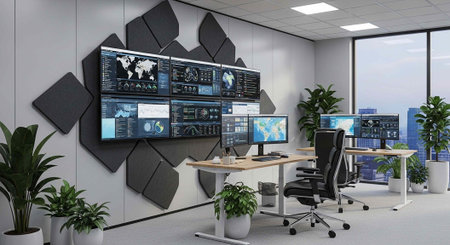 A modern office with multiple computer monitors and a city view