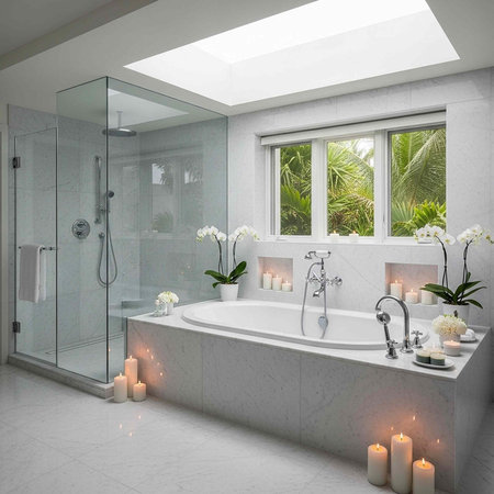 A serene bathroom with a large bathtub and shower surrounded by candles and orchids