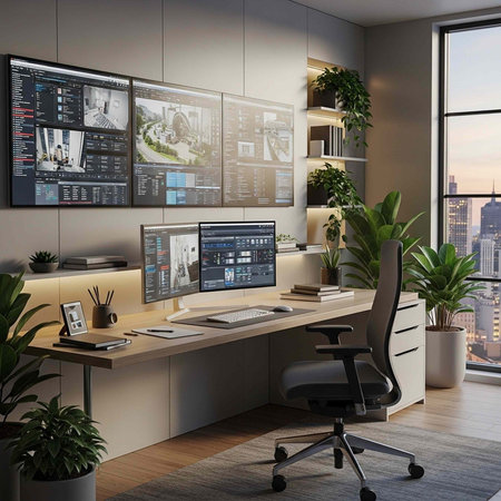 A modern office workspace with multiple computer monitors and a city view