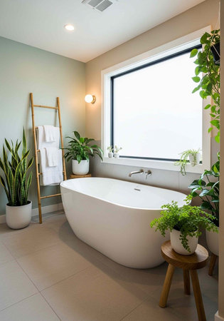 A serene bathroom with a large white bathtub surrounded by lush green plants and modern decor