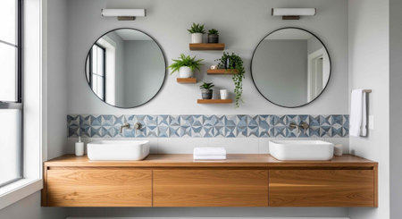 A modern bathroom with a wooden vanity and two sinks under round mirrorsの写真素材