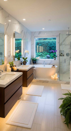 A modern bathroom with a large window overlooking a garden and a bathtub