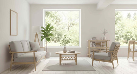 A modern living room with minimalist furniture and plenty of natural light
