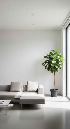 A modern living room with a gray couch and a potted plant near a window