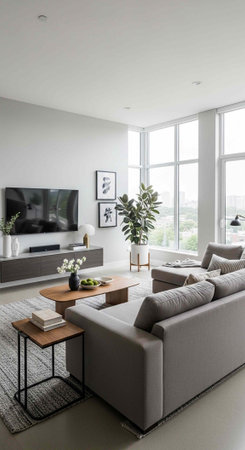 A modern living room with a gray couch and large windows letting in natural lightの写真素材