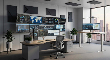 A modern office with multiple computer monitors and a city view