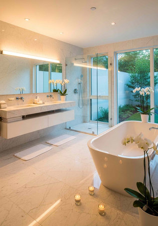 A modern bathroom with a freestanding tub and a large walk-in shower area