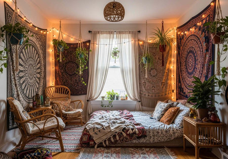 A cozy bohemian bedroom with a comfortable bed and eclectic decorの写真素材