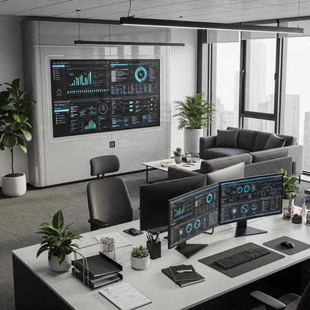 A modern office space with a large screen and computers on a desk
