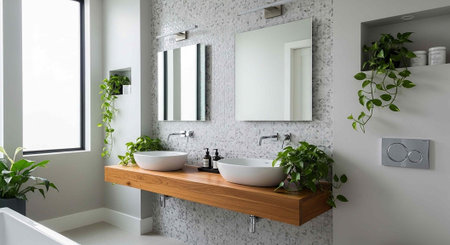 A modern bathroom with a wooden floating shelf and lush green plantsの写真素材
