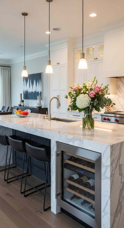 A modern kitchen with a large island, marble countertop, and wine refrigerator