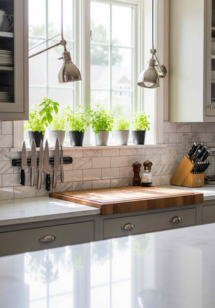 A modern kitchen with a window, plants, and a clean countertop with knives and cutting boardの写真素材