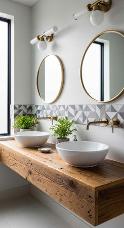 A modern bathroom with a wooden counter and two white sinks
