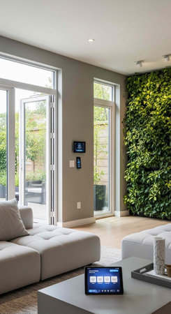 A modern living room with a smart home system and a green living wall