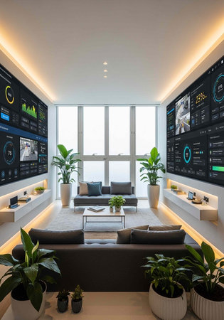 A modern living room with smart home technology and large screens on the wallsの写真素材