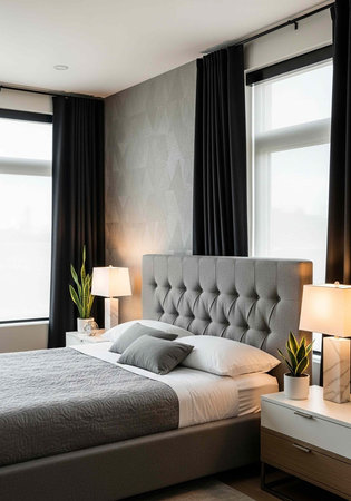 A modern bedroom with a gray bed and nightstands and large windows