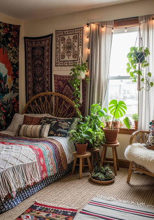 Interior of a cozy bedroom with a bed, pillows and plantsの写真素材