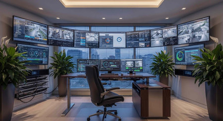 A modern control room with multiple screens and a desk in the center