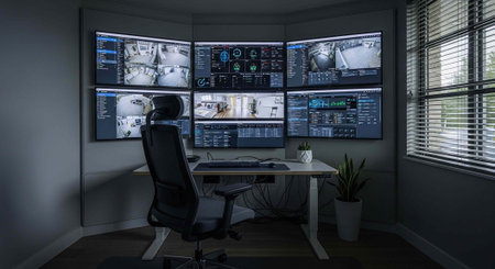 A person sitting in front of multiple computer monitors in a dark room