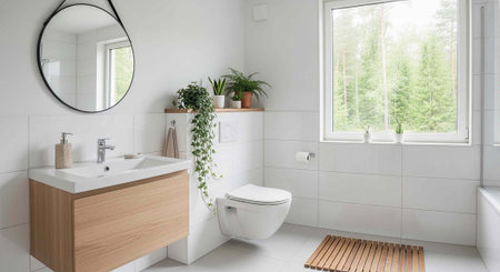A modern bathroom with a wooden vanity and plants near a large windowの写真素材
