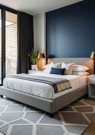 A modern bedroom with a large bed and a blue accent wallの写真素材