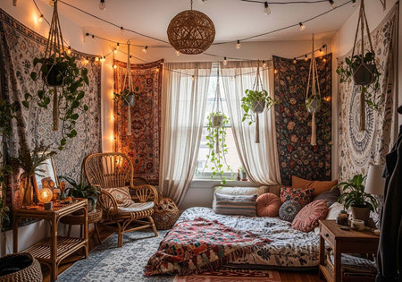 A cozy bohemian bedroom with a bed, chair, and plants in a warm atmosphere
