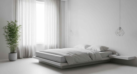 A serene and modern bedroom with a minimalist bed and a potted plant