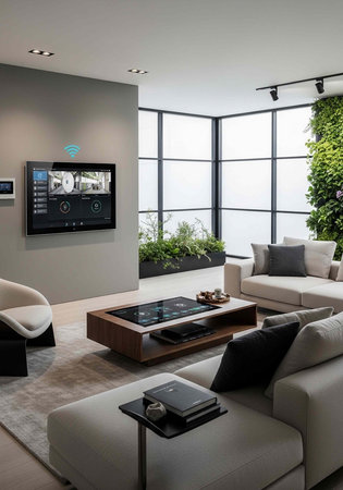 A modern living room with a large window and a smart TV on the wall