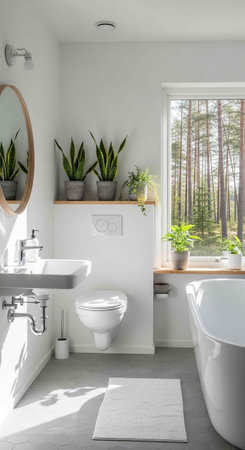 A modern bathroom with a bathtub, toilet, and sink surrounded by plants and natural lightの写真素材