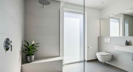 A modern bathroom with a shower, toilet, and sink in a clean and minimalist design