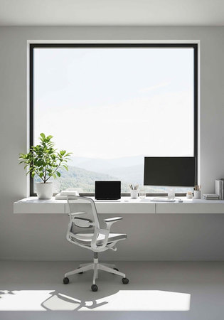 A modern office workspace with a large window overlooking a scenic view