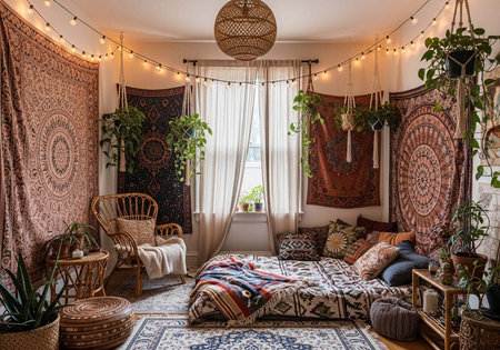 A cozy bohemian bedroom with a colorful bed and eclectic decorの写真素材