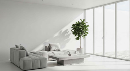 A modern living room with a gray couch and a large windowの写真素材