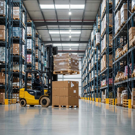 A forklift operator efficiently moves large cardboard boxes in a spacious warehouse aisle