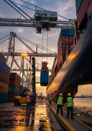 Workers in high-visibility vests load shipping containers onto a large cargo ship at sunset