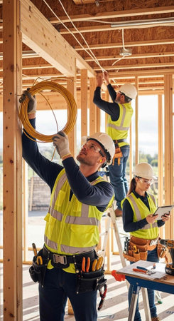 Three construction workers in hard hats and vests working on a building site