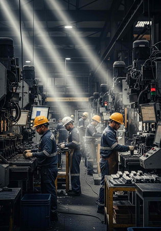 Industrial workers in a factory setting with machinery and equipment