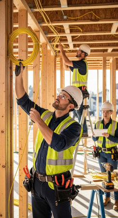 Three construction workers in hard hats and safety vests working on electrical wiring