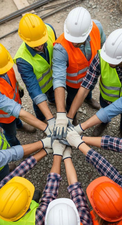 A group of construction workers wearing hard hats and vests putting their hands together