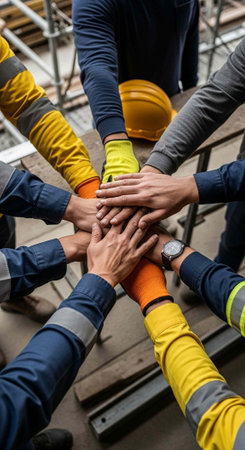 A group of construction workers stacking their hands together in unity and teamworkの写真素材