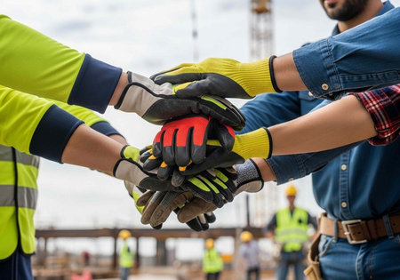 Construction workers stacking their hands in a symbol of teamwork and unity on a building site