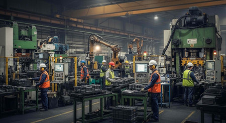 Industrial workers in a factory operating machinery and wearing safety gear