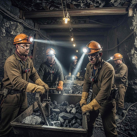A group of coal miners working together in a dark underground mine tunnel