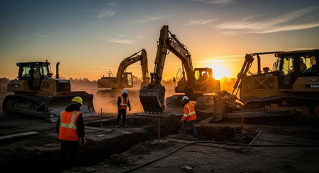 Construction workers operating heavy machinery at a site during sunset